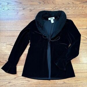 Vintage gothic black velvet cardigan with faux fur collar size petite medium